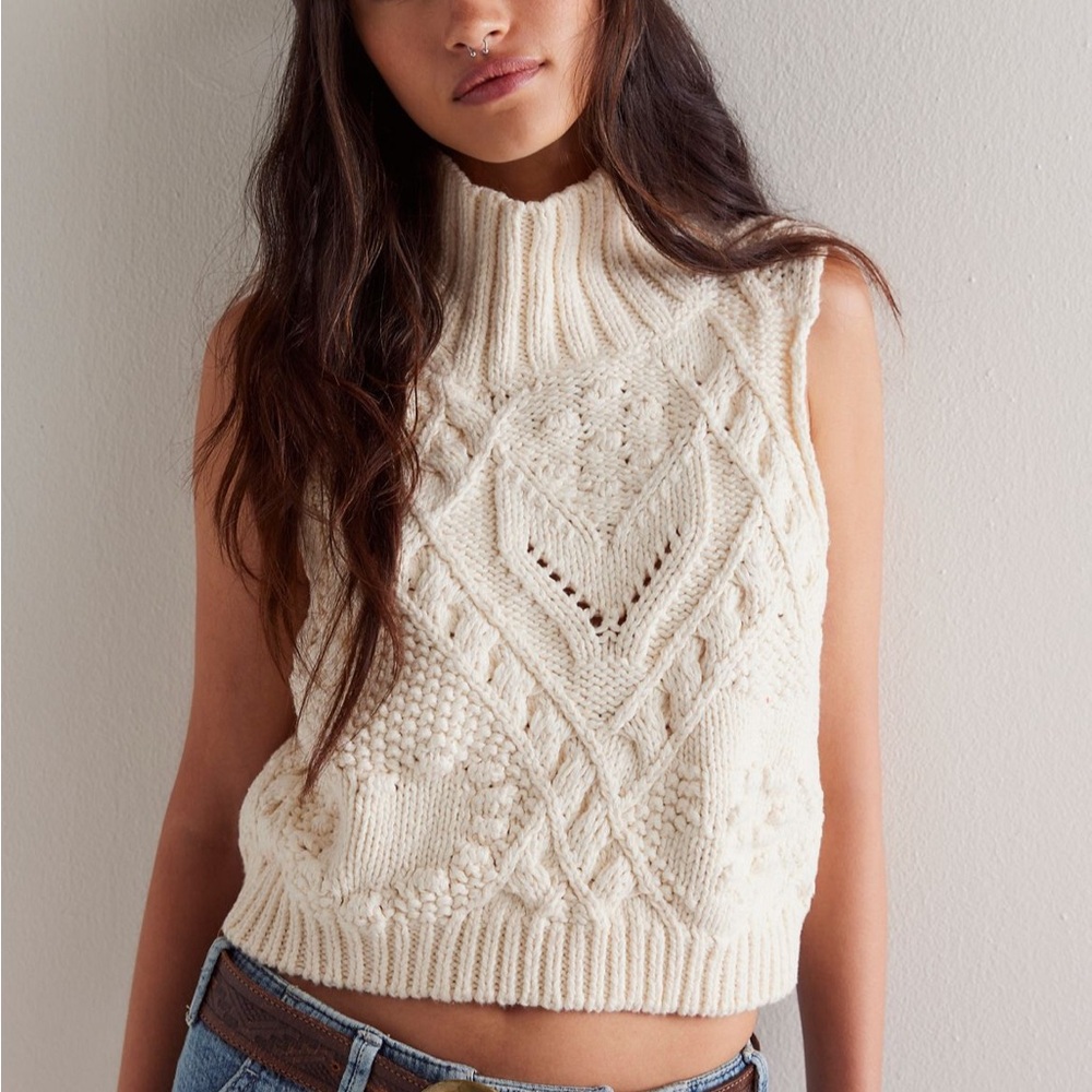 Free People Cream Sleeveless Turtleneck Sweater